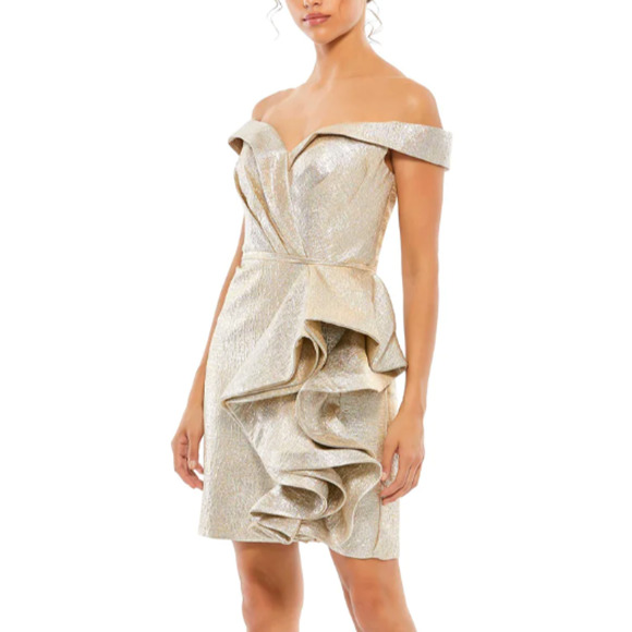 Mac Duggal METALLIC‎ OFF SHOULDER SIDE RUFFLE MINI DRESS, Oyster, Size 0, #68325 - Picture 1 of 8